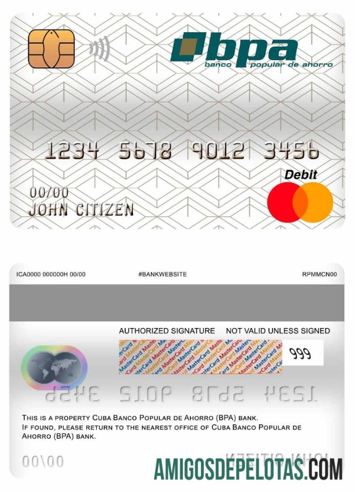 Cartão de débito mestre do banco Cuba Banco Popular De Ahorro (BPA) exemplo real